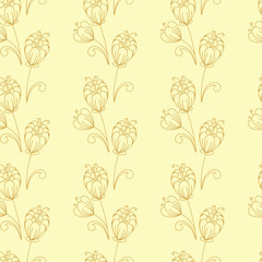 Seamless pattern. Contours of simple flowers and buds . Vector Hand drawing, monochrome.