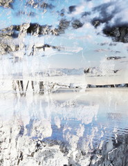 The mixed image of the textured surface of white and grey colors and the natural background of the view of the lake at the warm summer sunset at the City Park. 