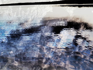 The mixed image of the textured surface of white and grey colors and the natural background of the view of the lake at the warm summer sunset at the City Park. 
