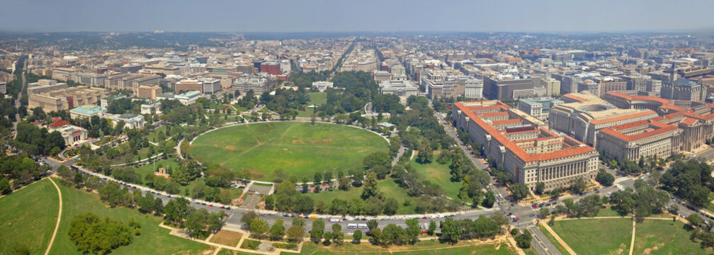 Washington DC city, White House and the Ellipse north panorama aerial view from the top of Washington Monument, Washington, District of Columbia DC, USA.