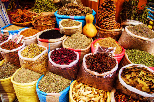 Traditional  spices and herbs on a market in Morocco.