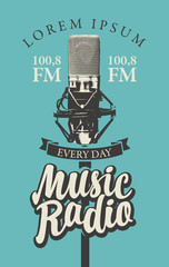 Fototapeta premium Vector banner for music radio station with microphone and inscription in retro style. Radio broadcasting concept with studio mic on blue background. Suitable for flyer, ad, poster, placard