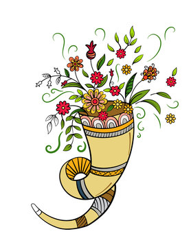 recommend clip art: Autumn cornucopia with flowers. Hand drawn vector illustration.