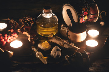 Shamanic accessories close up. Shaman concept.