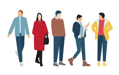 Silhouettes of men and women in outerwear of different colors, cartoon character, group of standing and waiking business people, flat icon design concept isolated on white background