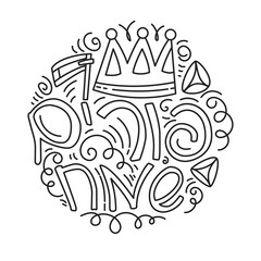 Purim greeting card and coloring page in doodle style with crown, noise make, hamantaschen and Hebrew text Happy Purim. Black and white vector illustration.