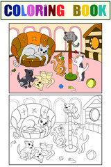 Childrens color and coloring book cartoon family on nature. Mom cat and kittens children