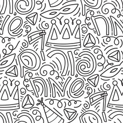 Purim seamless pattern with carnival mask, hats, crown, noise make, hamantaschen and Hebrew text Happy Purim. Black and white vector illustration in hand drawn doodles stiyle.