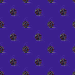 Seamless pattern, on a blue - lilac background bright Christmas toy-ball. Contrast, isometric style, square shape, trend.