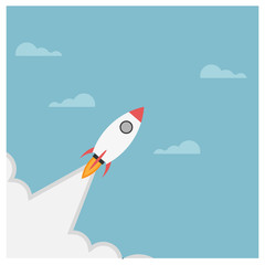 Naklejka na ściany i meble rocket launch, rocket ship soar up into the sky through the clouds and go heading to space. start up business concept - vector illustration