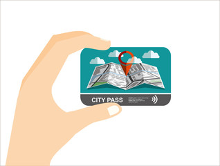 Hand with city pass. Bus, train, subway travel ticket with cashless payment system. Card with map of city with roards and houses. Vector illustration in flat style