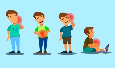 Fototapeta premium Set of character men with pain in different parts of the body. Backache, abdominal pain, headache, migraine. Vector illustration in cartoon style