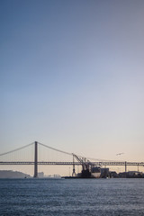 Gull flying over the Ponte 25 de Abril Bridge, Lisbon