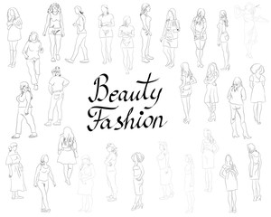 Beauty young girl in fashion clothes on white background. Set of isolated images of people