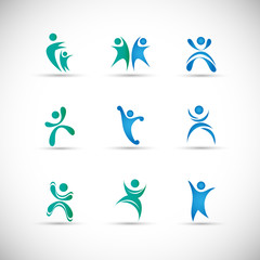 Abstract People Logo Set. Human Figure Isolated On Gray Background. Icons Collection For Human Success, Celebration Logo, Achievement Symbol And Activity. Different Happy People. Figure Logo, Vector