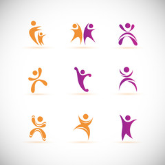 Abstract People Logo Set. Human Figure Isolated On Gray Background. Icons Collection For Human Success, Celebration Logo, Achievement Symbol And Activity. Different Happy People. Figure Logo, Vector