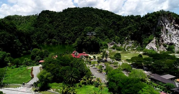 Aerial view of Gunung Lang Recreational Park, located in Ipoh City, Perak, MALAYSIA. Besides the park, Gunung Lang Recreational Park has a beautiful lake and limestone hills. (111.93 hectares)