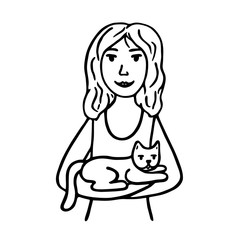 Hand drawn young woman holds a cat in her arms. Image of hugs, caring, friendship and love. Black outline isolated on white background. Vector illustration for posters, cards, decor, for cat lovers.