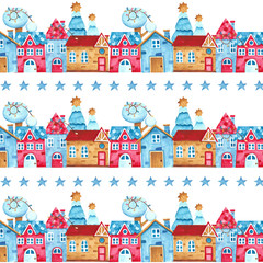 Christmas pattern with houses - watercolor illustration