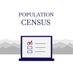 Electronic population census. List in electronic form on a laptop screen against the background of the silhouette of the city. Isolated on white background. Vector stock illustration