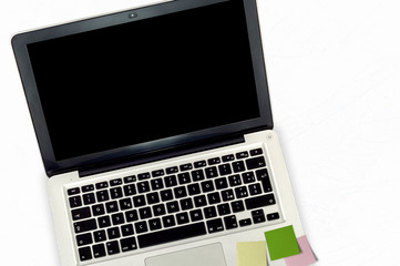 one open laptop with black display for own text