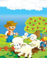 Obraz na płótnie Canvas cartoon scene with happy farmer man on the farm ranch illustration for the children