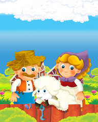 Fototapeta na wymiar cartoon scene with happy farmer man and woman on the farm ranch illustration for the children