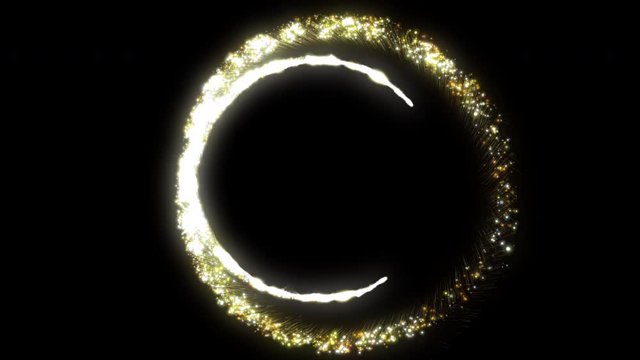 Golden glitter sparcle flying around circle on dark background. Holidays 4k backdrop animation.