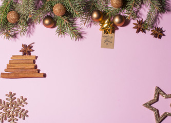 Christmas decorations on pink background. Branches ate cinnamon, star and snowflake New year and Christmas.