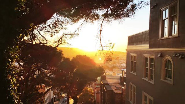 Sunset in the big city of San Francisco. Yellow sky over the city sky.