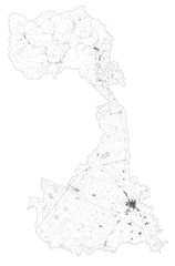 Satellite map of province of Vercelli, towns and roads, buildings and connecting roads of surrounding areas. Piedmont, Italy. Map roads, ring roads