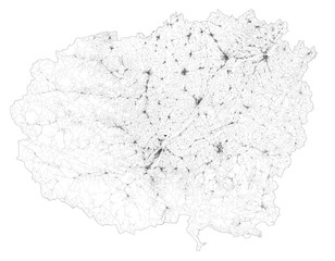 Satellite map of province of Cuneo, towns and roads, buildings and connecting roads of surrounding areas. Piedmont, Italy. Map roads, ring roads