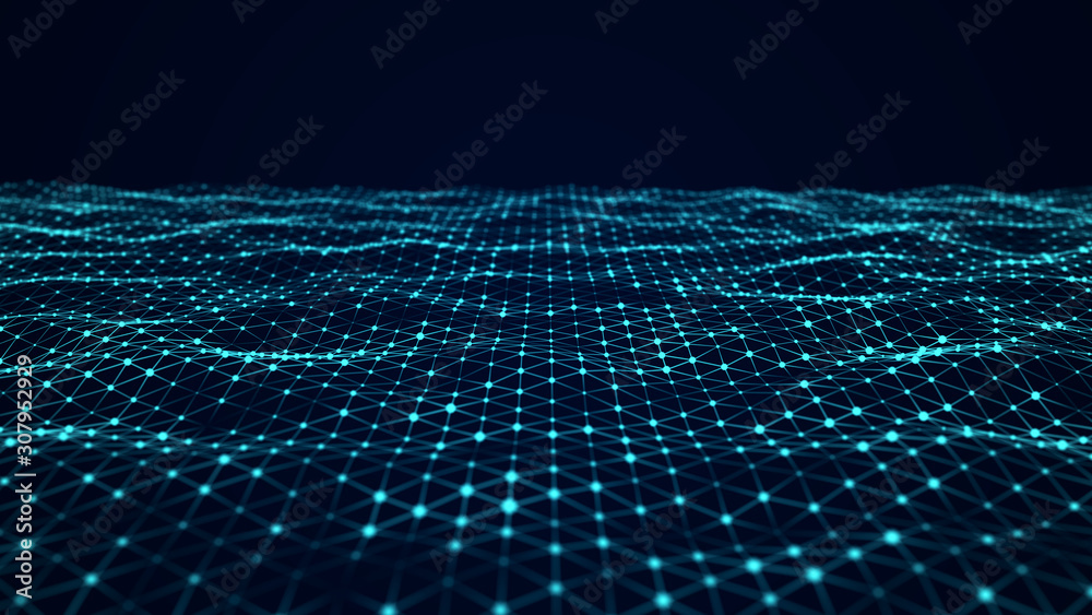 Fototapete Futuristic abstract mesh. Wave with the connection of luminous points and lines. 3D rendering.