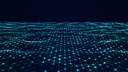 Futuristic abstract mesh. Wave with the connection of luminous points and lines. 3D rendering. © Olena