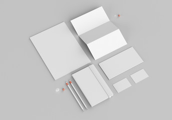 Base white stationery mockup template for branding identity on gray background for graphic designers presentations and portfolios. 3D rendering.