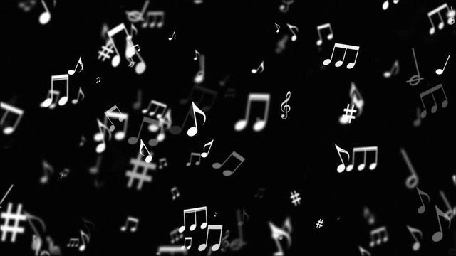 White Music Keys Loop. Elegant motion of musical note symbols on black background, seamless loop, 10 seconds duration.
