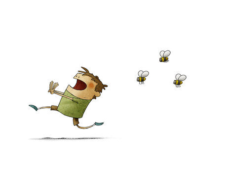 Child runs scared because three bees chase him. isolated