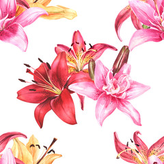 Seamless floral pattern, lily bouquet, elegant lilies on an isolated white background, watercolor painting. Fabric wallpaper print texture.