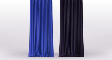 Background with collection of straight luxury bleu and black curtains and draperies