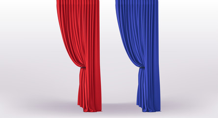 Background with collection of luxury red and blue curtains with holder and draperies