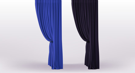 Background with collection of luxury bleu and black curtains with holder and draperies