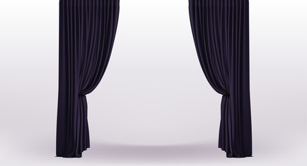 Background with luxury black curtains with holder and draperies