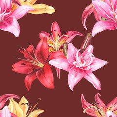 Seamless floral pattern, red orange pink lilies, watercolor painting, stock illustration. Fabric wallpaper print texture.