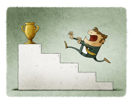 Businessman runs up some stairs to reach a golden trophy.