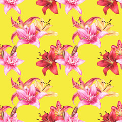 Fototapeta na wymiar Seamless floral pattern, red orange pink lilies on yellow background, watercolor painting, stock illustration. Fabric wallpaper print texture.