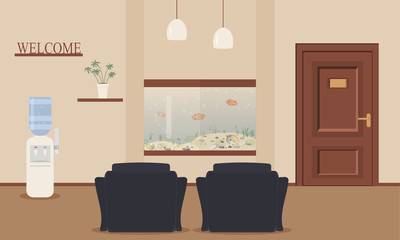 Corridor with cute fish tank.Aquarium with fish as design element for interior of sitting room,office,waiting area for visitors,hotel.Wooden decor letters on shelves: welcome, door.Vector illustration