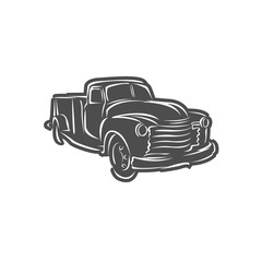 Monochrome illustration of classic retro style truck. Isolated on white background