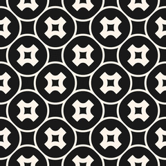 Vector crosses seamless pattern. Stylish monochrome geometric texture with smooth perforated shapes, rounded crosses, circles, squares, repeat tiles. Modern abstract background. Design for decoration