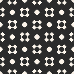 Vector seamless pattern, simple geometric texture with rounded shapes, circles, perforated crosses in staggered array. Dark abstract minimalist background. Design element for prints, covers, digital