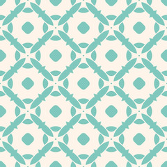 Vector seamless pattern with mosaic tiles. Geometric floral ornament in retro colors, turquoise green and beige. Abstract background texture with flower shapes, carved grid, lattice. Repeat design